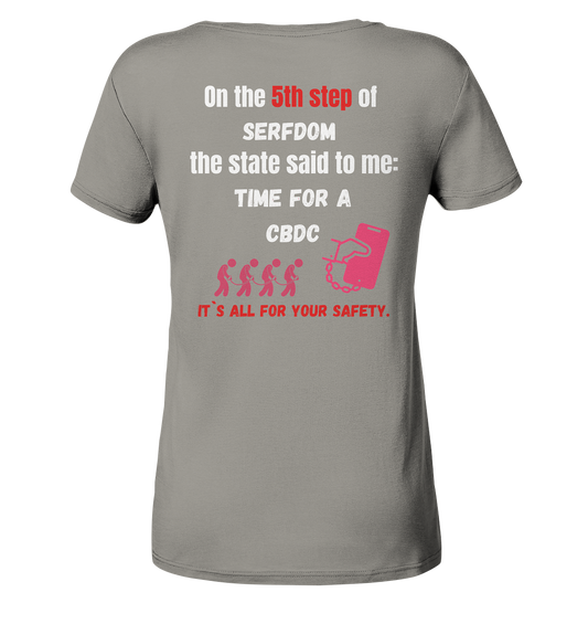 5th step of serfdom the state said to me: TIME FOR A CBDC # RÜCKENDRUCK # (Ladies Collection 21% Rabatt bis zum Halving 2024) - Ladies V-Neck Shirt