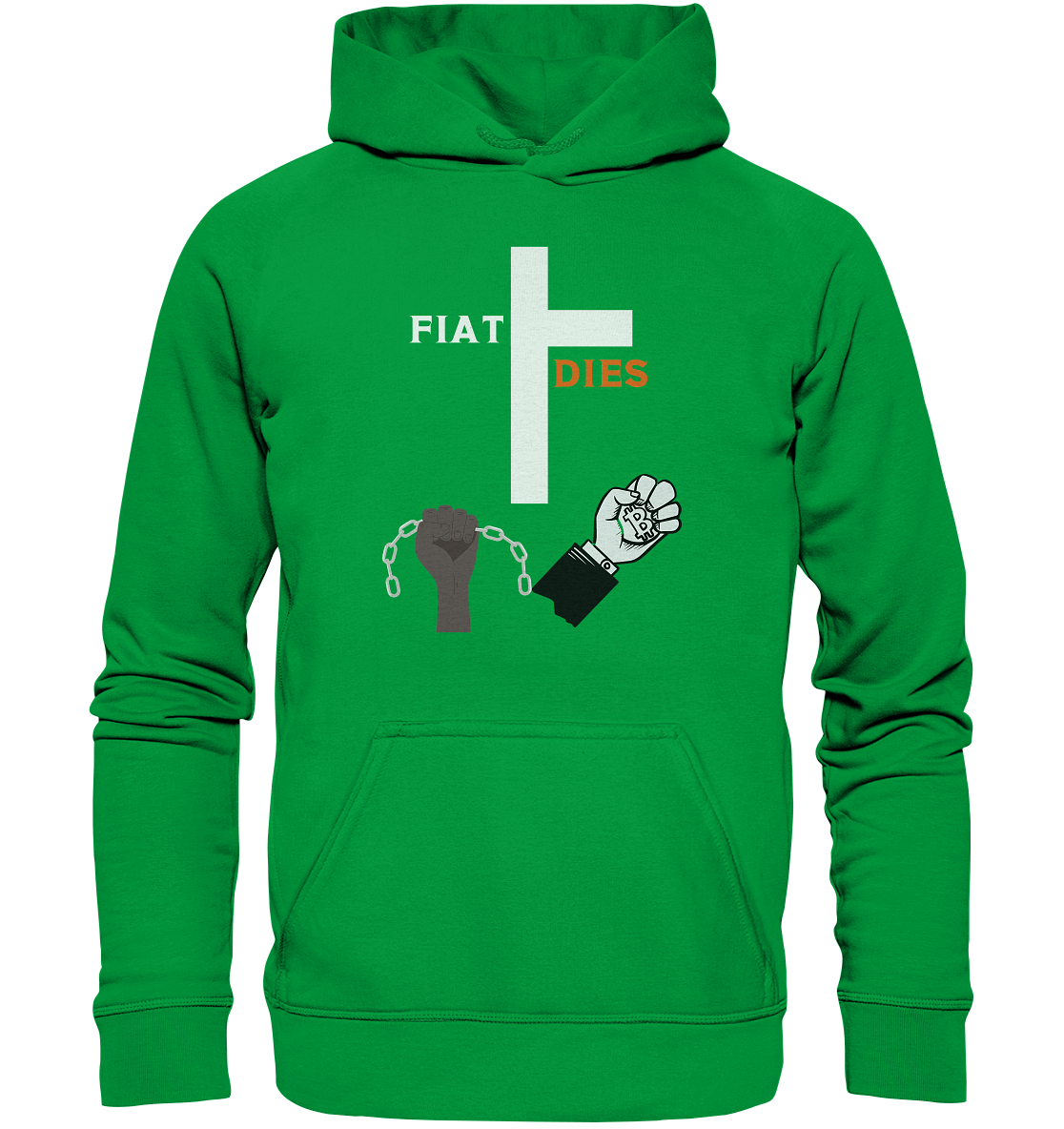 FIAT DIES (Kreuz + gesprengte Ketten & Hand mit Bitcoin) - Basic Unisex Hoodie