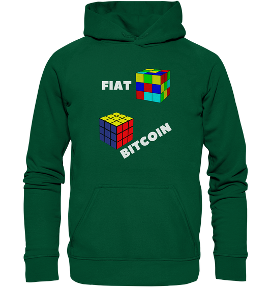 FIAT Cube & BITCOIN Cube - weisse Schrift, schräg (Ladies Collection 21% Rabatt bis zum Halving 2024) - Basic Unisex Hoodie