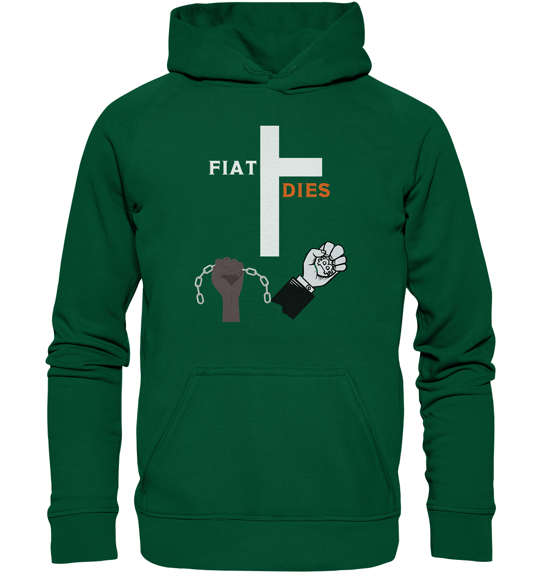 FIAT DIES (Kreuz + gesprengte Ketten & Hand mit Bitcoin) - Basic Unisex Hoodie