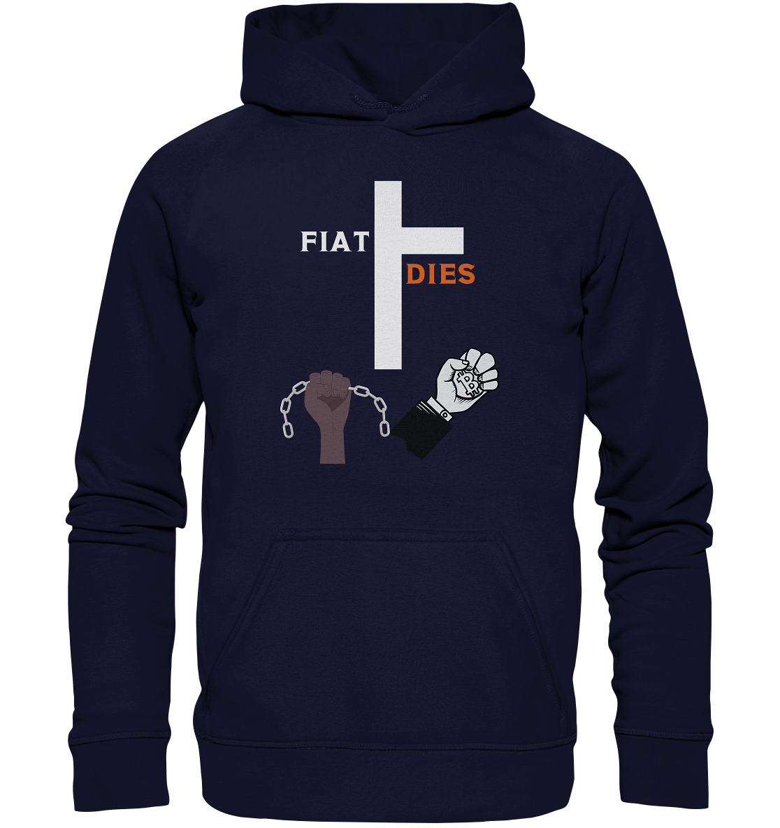 FIAT DIES (Kreuz + gesprengte Ketten & Hand mit Bitcoin) - Basic Unisex Hoodie