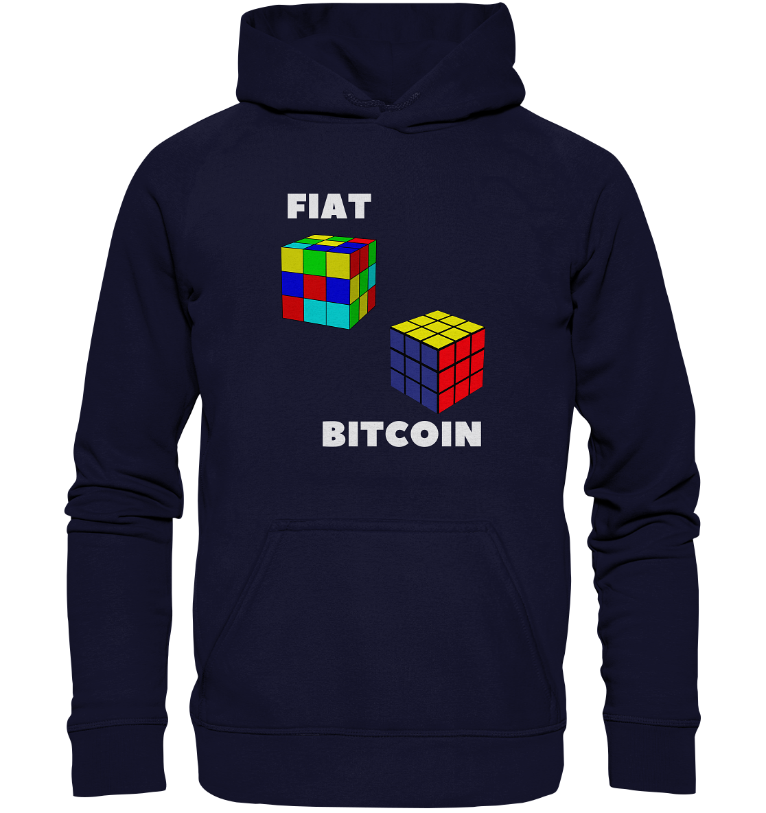 FIAT Cube & BITCOIN Cube - weisse Schrift, gerade (Ladies Collection 21% Rabatt bis zum Halving 2024) - Basic Unisex Hoodie