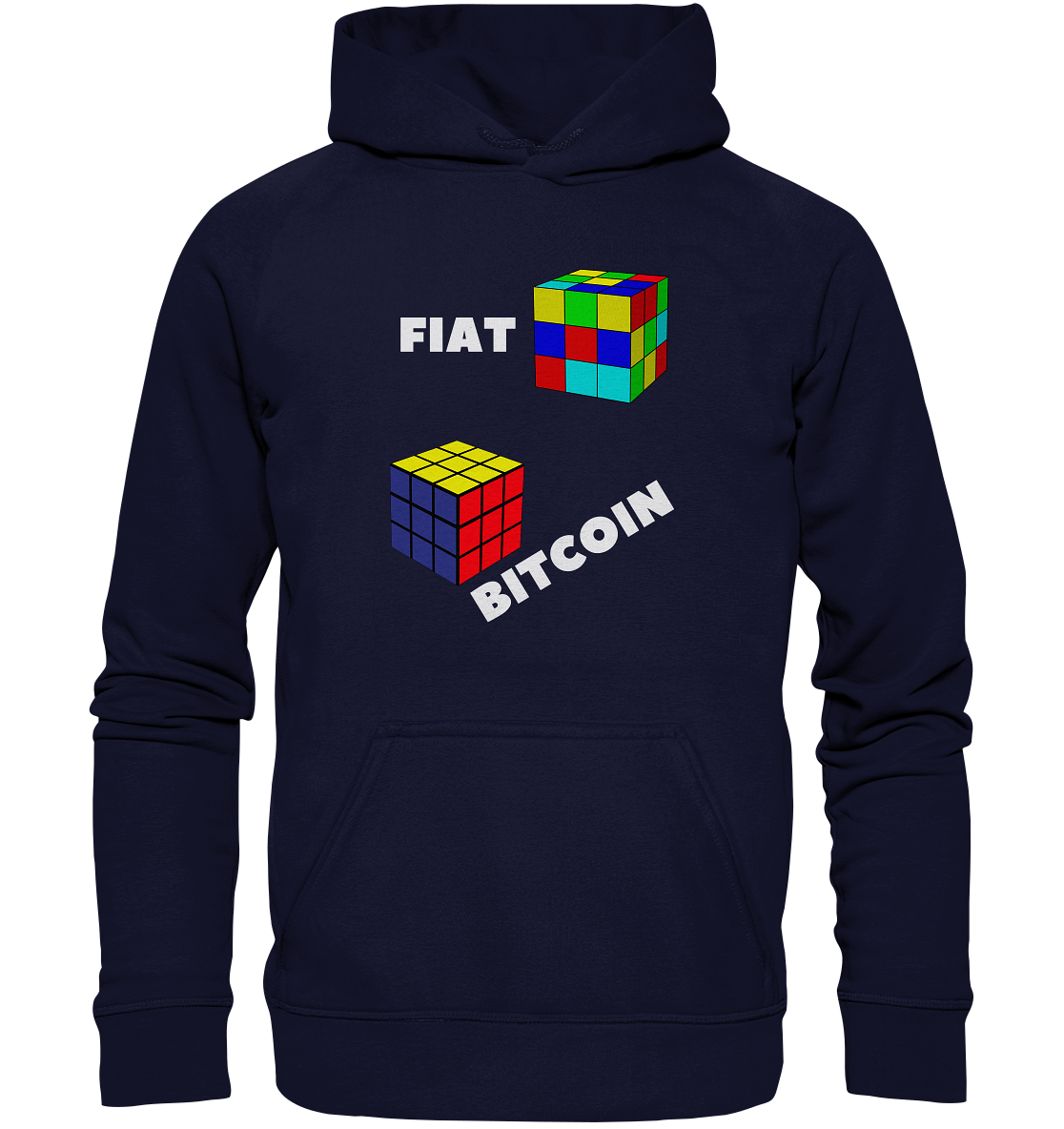 FIAT Cube & BITCOIN Cube - weisse Schrift, schräg (Ladies Collection 21% Rabatt bis zum Halving 2024) - Basic Unisex Hoodie