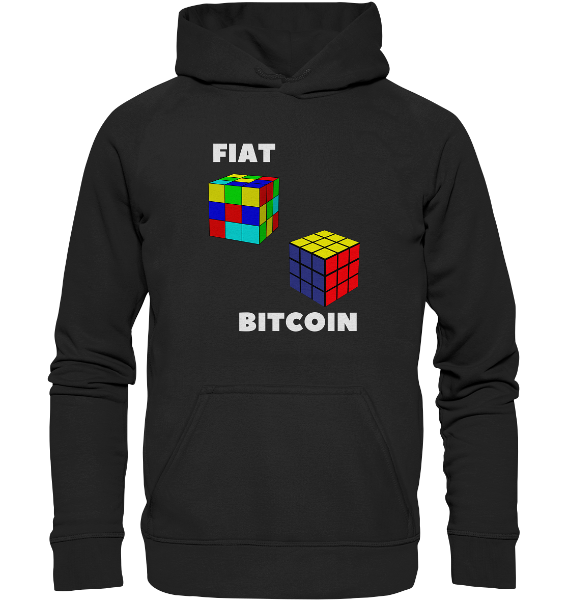 FIAT Cube & BITCOIN Cube - weisse Schrift, gerade (Ladies Collection 21% Rabatt bis zum Halving 2024) - Basic Unisex Hoodie