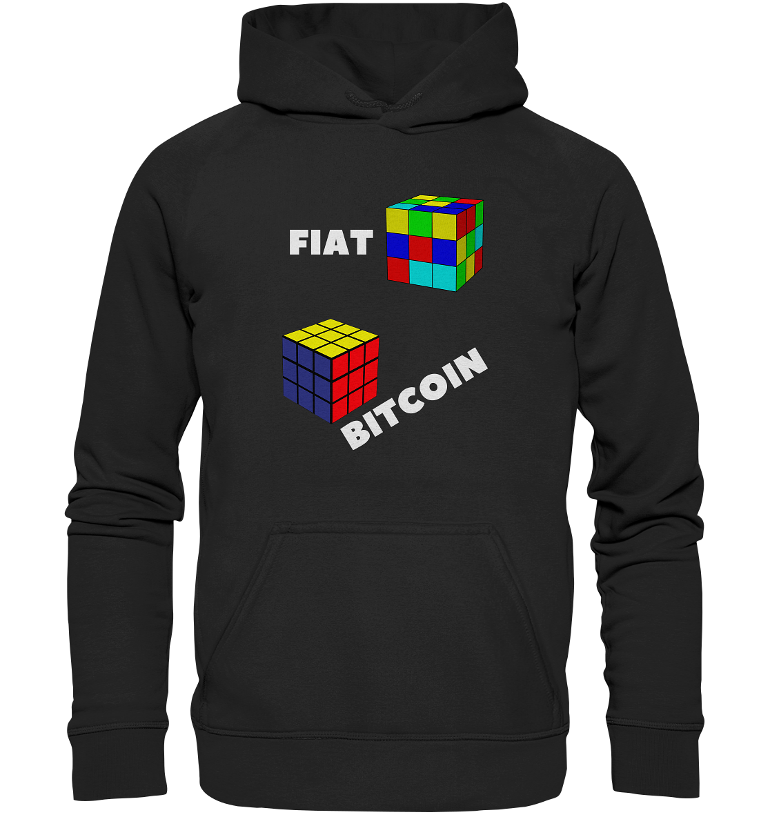 FIAT Cube & BITCOIN Cube - weisse Schrift, schräg (Ladies Collection 21% Rabatt bis zum Halving 2024) - Basic Unisex Hoodie