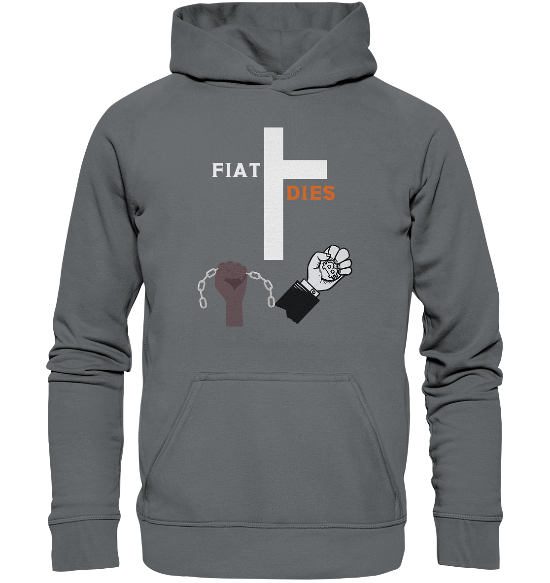 FIAT DIES (Kreuz + gesprengte Ketten & Hand mit Bitcoin) - Basic Unisex Hoodie