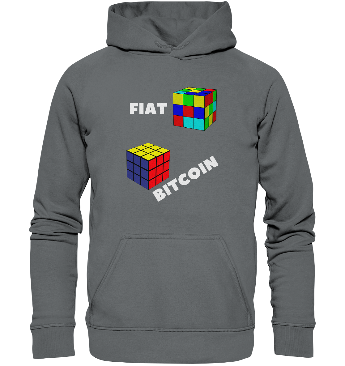 FIAT Cube & BITCOIN Cube - weisse Schrift, schräg (Ladies Collection 21% Rabatt bis zum Halving 2024) - Basic Unisex Hoodie