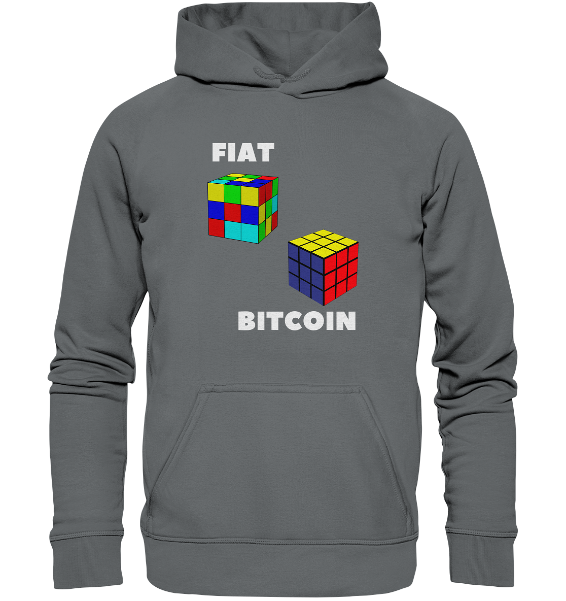 FIAT Cube & BITCOIN Cube - weisse Schrift, gerade (Ladies Collection 21% Rabatt bis zum Halving 2024) - Basic Unisex Hoodie