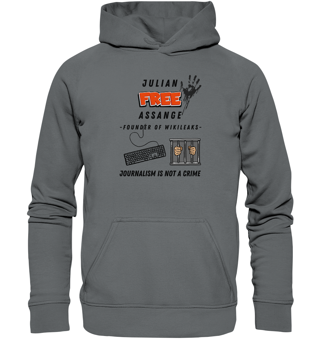 JULIAN FREE ASSANGE - FOUNDER OF WIKILEAKS - JOURNALISM IS NOT A CRIME (GRAFIKEN, Tastatur, Zelle, Hand))  - Basic Unisex Hoodie