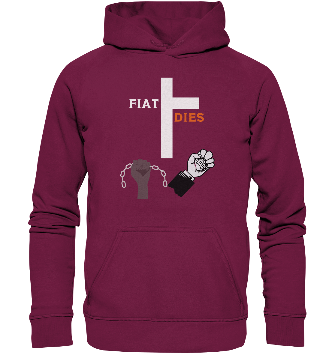 FIAT DIES (Kreuz + gesprengte Ketten & Hand mit Bitcoin) - Basic Unisex Hoodie