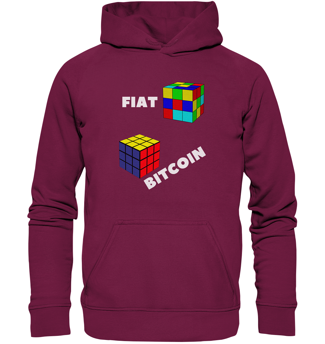 FIAT Cube & BITCOIN Cube - weisse Schrift, schräg (Ladies Collection 21% Rabatt bis zum Halving 2024) - Basic Unisex Hoodie