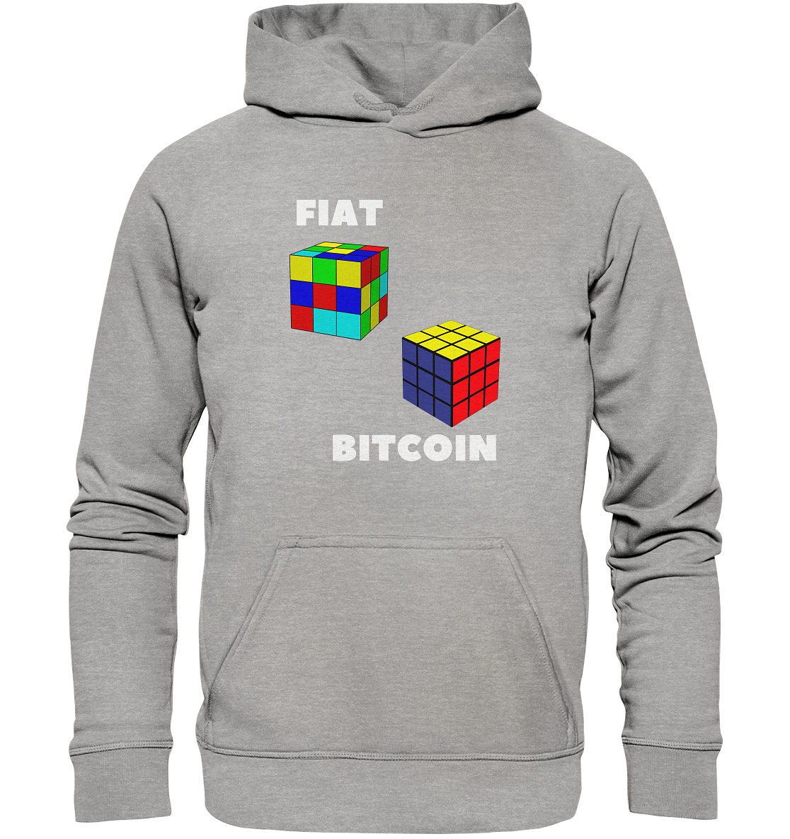 FIAT Cube & BITCOIN Cube - weisse Schrift, gerade (Ladies Collection 21% Rabatt bis zum Halving 2024) - Basic Unisex Hoodie