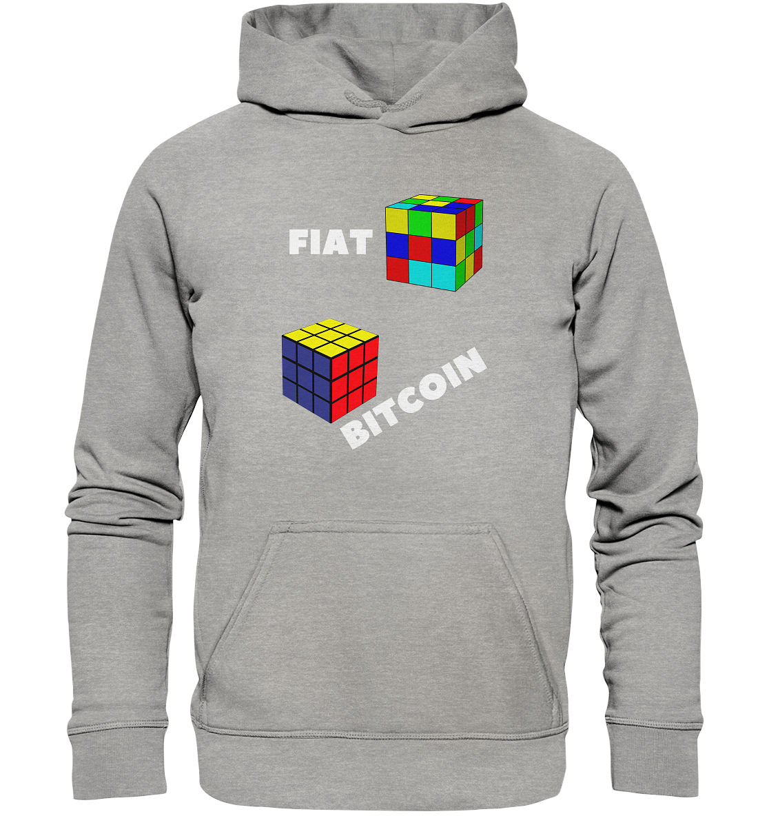 FIAT Cube & BITCOIN Cube - weisse Schrift, schräg (Ladies Collection 21% Rabatt bis zum Halving 2024) - Basic Unisex Hoodie