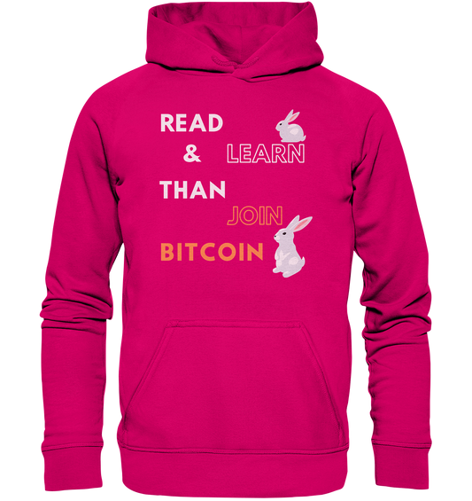 READ & LEARN THAN JOIN BITCOIN - white/orange Bunny Version - Ladies Collection - Basic Unisex Hoodie