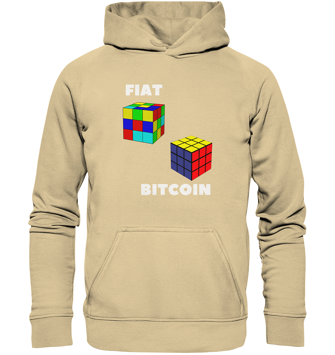 FIAT Cube & BITCOIN Cube - weisse Schrift, gerade (Ladies Collection 21% Rabatt bis zum Halving 2024) - Basic Unisex Hoodie