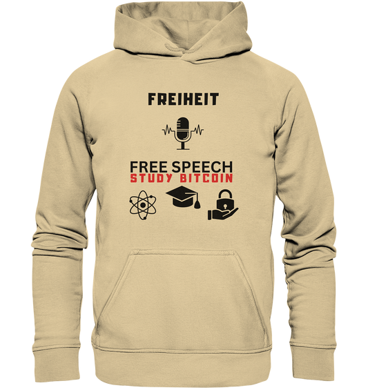 FREIHEIT (Mikrofon) FREE SPEECH, STUDY BITCOIN (3 Grafiken) - LADIES COLLECTION 21% automat. Rabatt bis zum Halving 2024   - Basic Unisex Hoodie