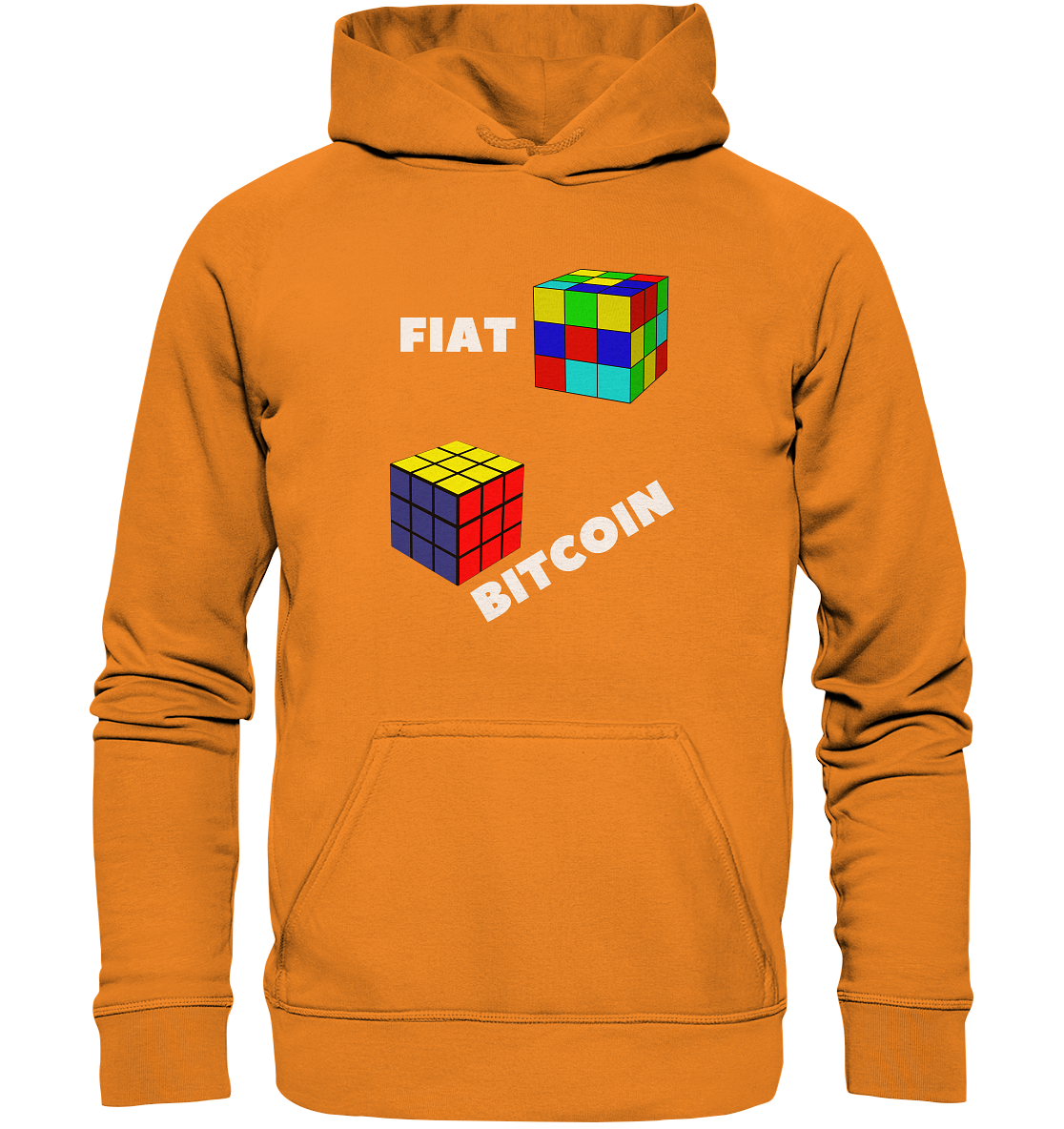 FIAT Cube & BITCOIN Cube - weisse Schrift, schräg (Ladies Collection 21% Rabatt bis zum Halving 2024) - Basic Unisex Hoodie