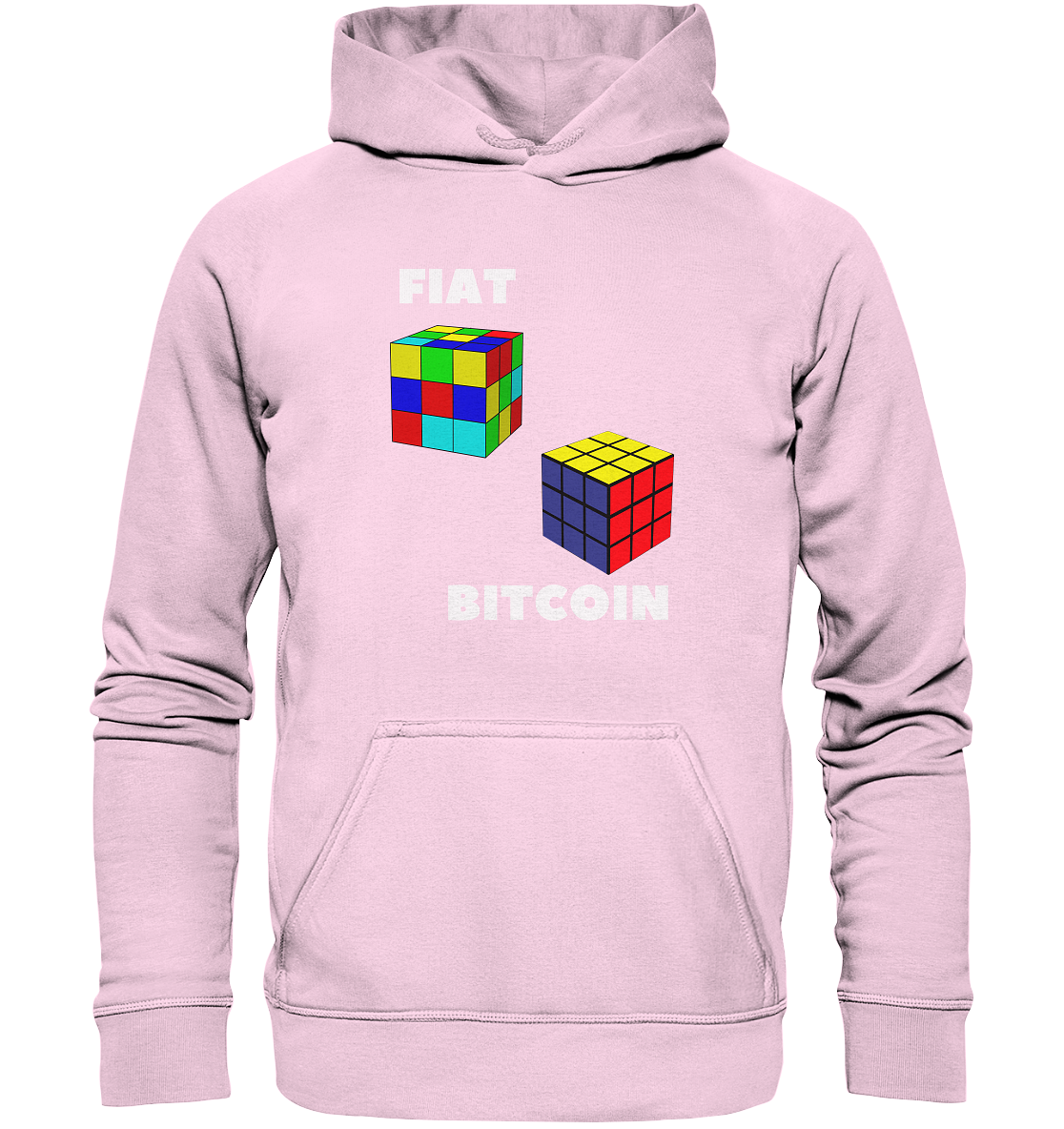 FIAT Cube & BITCOIN Cube - weisse Schrift, gerade (Ladies Collection 21% Rabatt bis zum Halving 2024) - Basic Unisex Hoodie