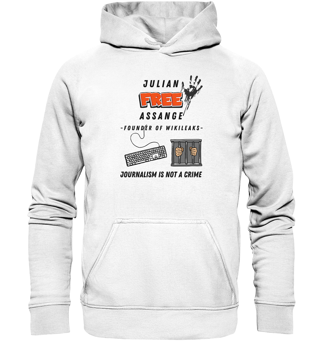 JULIAN FREE ASSANGE - FOUNDER OF WIKILEAKS - JOURNALISM IS NOT A CRIME (GRAFIKEN, Tastatur, Zelle, Hand))  - Basic Unisex Hoodie