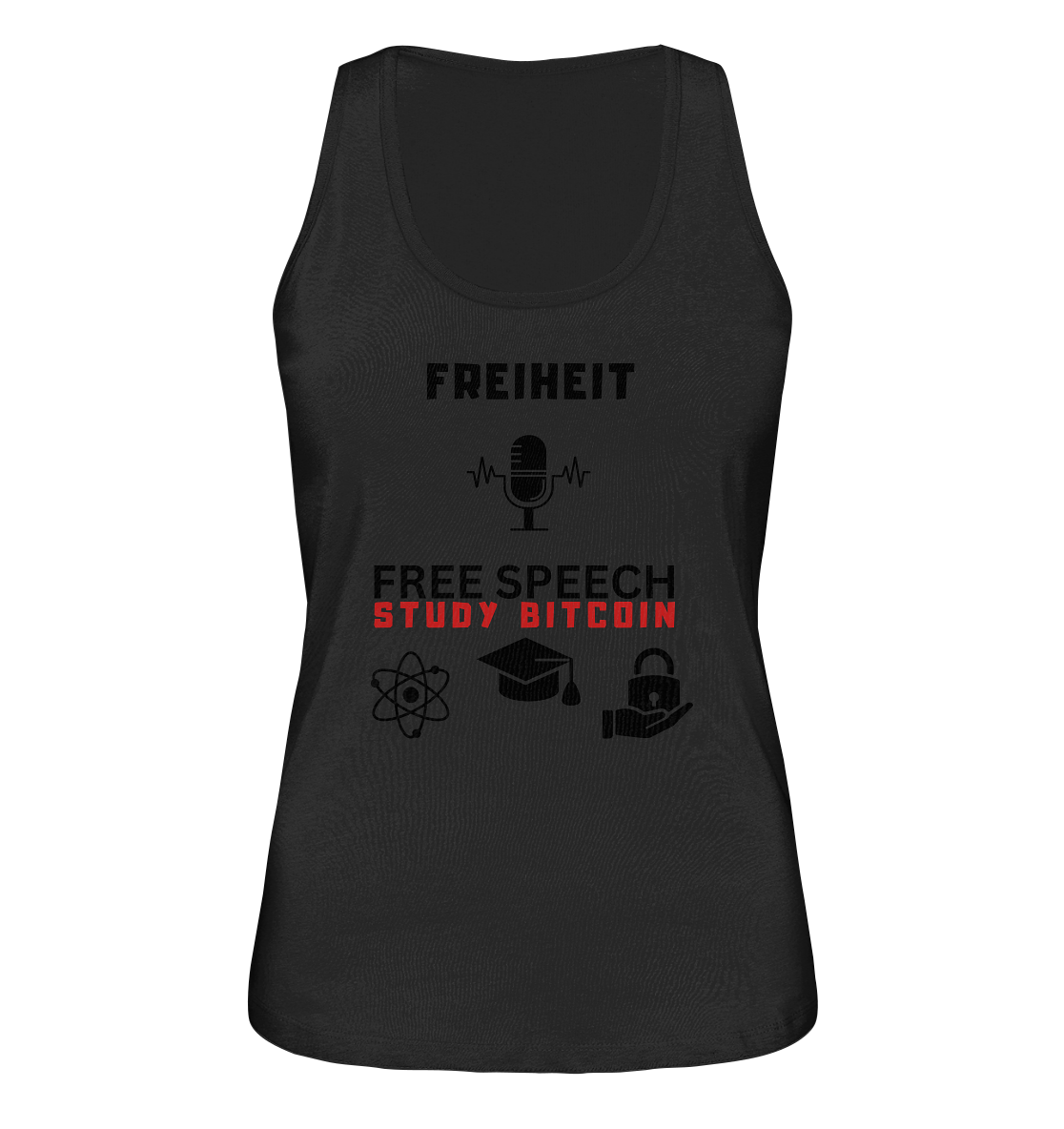 FREIHEIT (Mikrofon) FREE SPEECH, STUDY BITCOIN (3 Grafiken) - LADIES COLLECTION 21% automat. Rabatt bis zum Halving 2024   - Ladies Organic Tank-Top