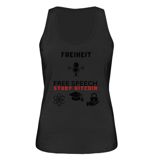 FREIHEIT (Mikrofon) FREE SPEECH, STUDY BITCOIN (3 Grafiken) - LADIES COLLECTION 21% automat. Rabatt bis zum Halving 2024   - Ladies Organic Tank-Top