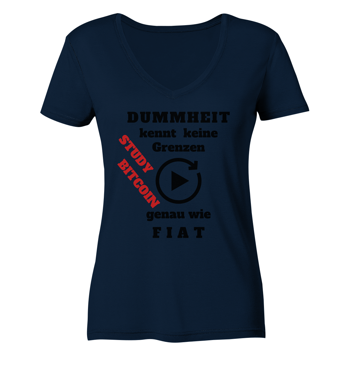 DUMMHEIT kennt keine Grenzen - genau wie FIAT - STUDY BITCOIN (schräg, rot) # ENDLOS-PLAYBUTTON - Ladies Collection 21% Rabatt bis zum Halving 2024  - Ladies Organic V-Neck Shirt