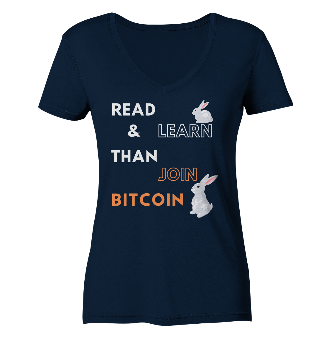 READ & LEARN THAN JOIN BITCOIN - white/orange Bunny Version - Ladies Collection - Ladies Organic V-Neck Shirt
