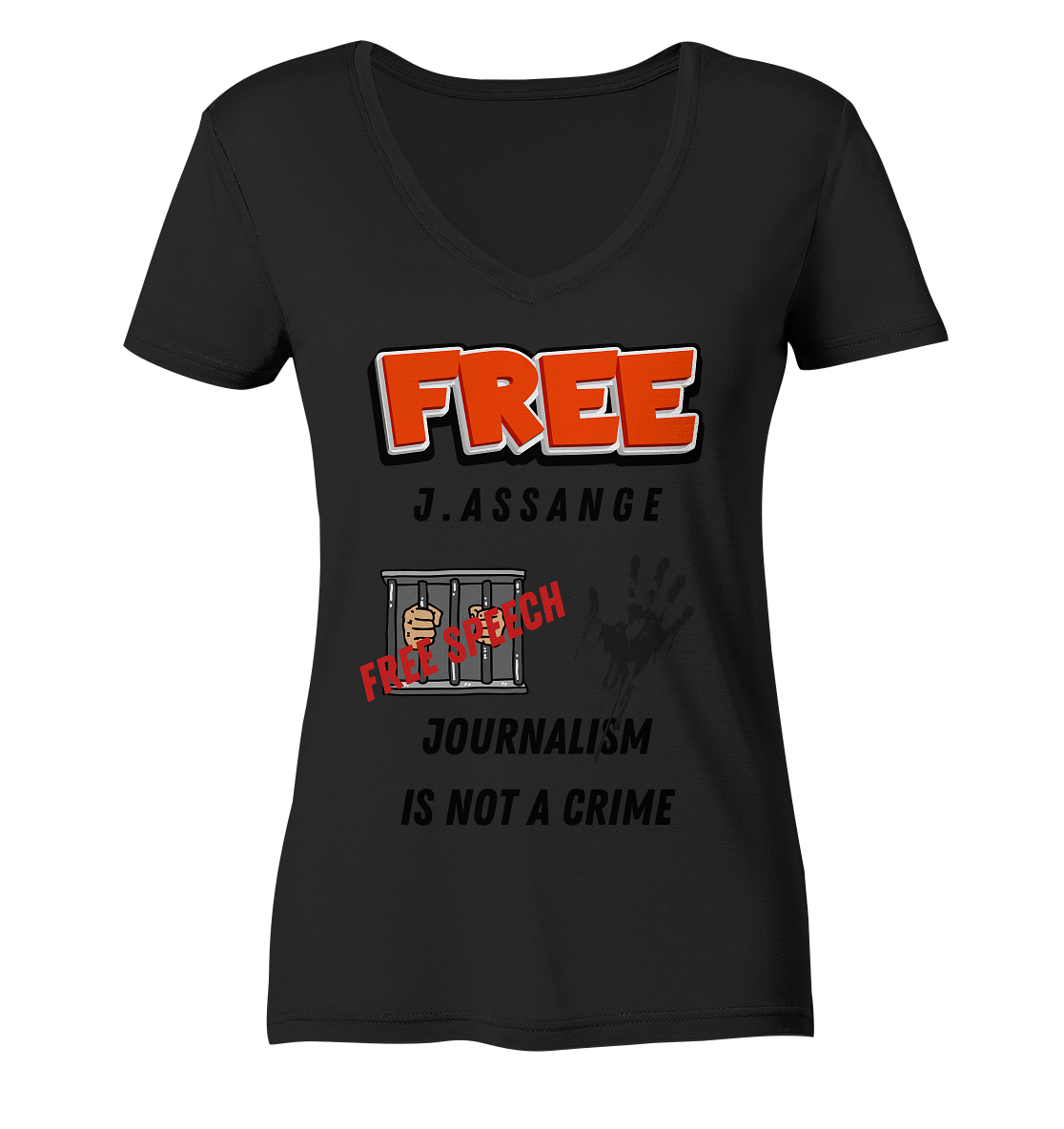 FREE J.ASSANGE - JOURNALISM IS NOT A CRIME # FREE SPEECH (2 GRAFIKEN) - Ladies Collection 21% Rabatt bis zum Halving 2024) - Ladies Organic V-Neck Shirt