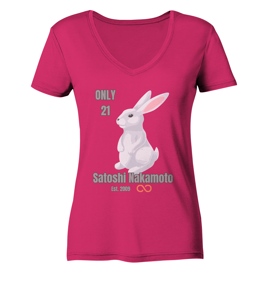 SATOSHI NAKAMOTO Est. 2009 (unendlich) ONLY 21- LADIES COLLECTION 21% automat. Rabatt bis zum Halving 2024  - Ladies Organic V-Neck Shirt