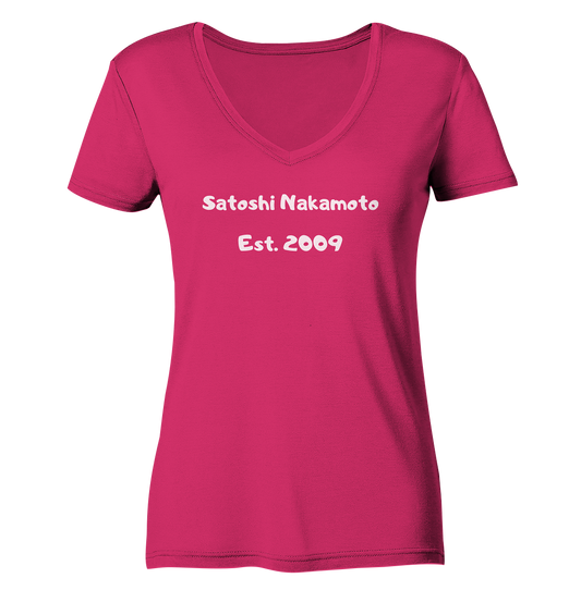 SATOSHI NAKAMOTO Est. 2009 (Signatur pur) - LADIES COLLECTION 21% automat. Rabatt bis zum Halving 2024   - Ladies Organic V-Neck Shirt