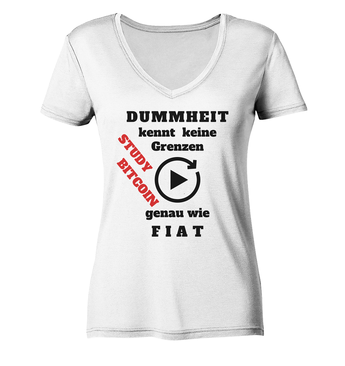 DUMMHEIT kennt keine Grenzen - genau wie FIAT - STUDY BITCOIN (schräg, rot) # ENDLOS-PLAYBUTTON - Ladies Collection 21% Rabatt bis zum Halving 2024  - Ladies Organic V-Neck Shirt