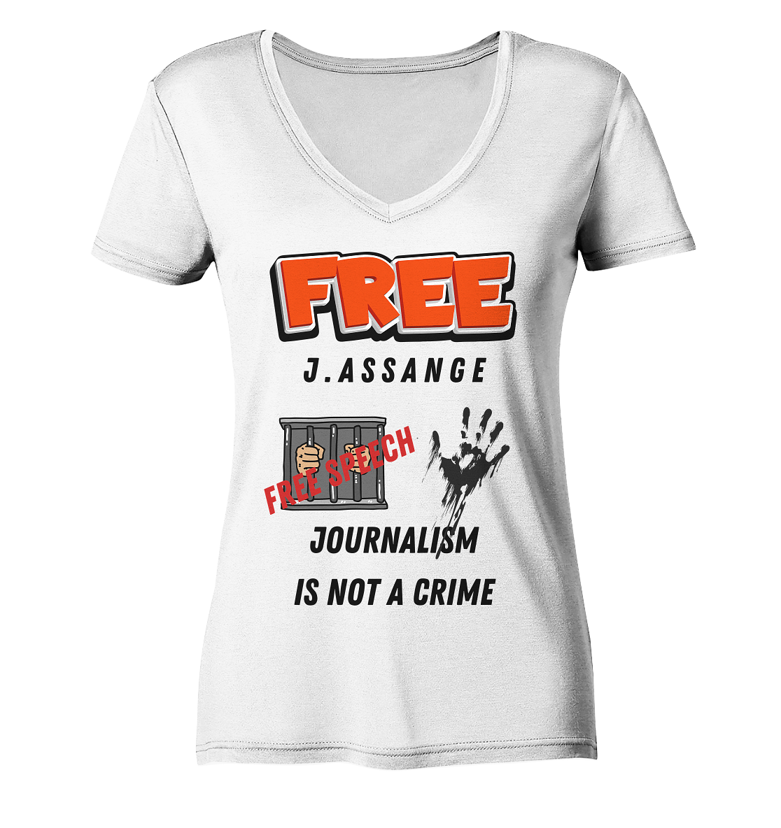 FREE J.ASSANGE - JOURNALISM IS NOT A CRIME # FREE SPEECH (2 GRAFIKEN) - Ladies Collection 21% Rabatt bis zum Halving 2024) - Ladies Organic V-Neck Shirt