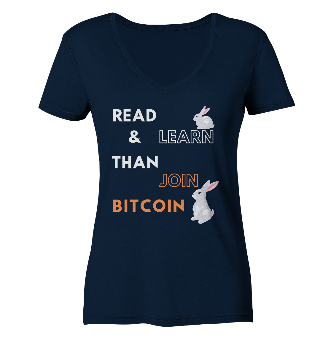 READ & LEARN THAN JOIN BITCOIN - white/orange Bunny Version - Ladies Collection - Ladies V-Neck Shirt