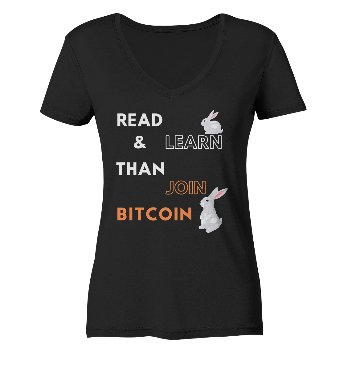 READ & LEARN THAN JOIN BITCOIN - white/orange Bunny Version - Ladies Collection - Ladies V-Neck Shirt