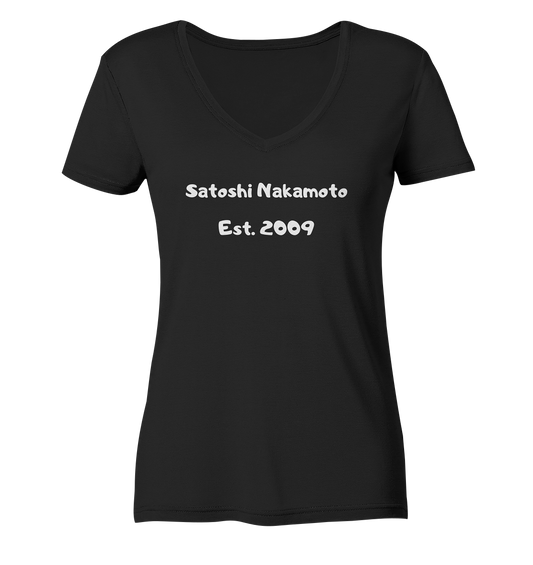 SATOSHI NAKAMOTO Est. 2009 (Signatur pur) - LADIES COLLECTION 21% automat. Rabatt bis zum Halving 2024   - Ladies V-Neck Shirt