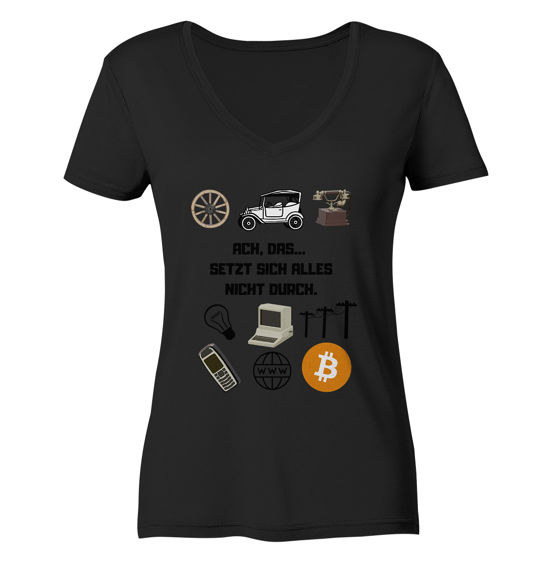 ACH, DAS... SETZT SICH ALLES NICHT DURCH. (Grafiken, BTC Symbol) - LADIES COLLECTION 21% automat. Rabatt bis zum Halving 2024  - Ladies V-Neck Shirt