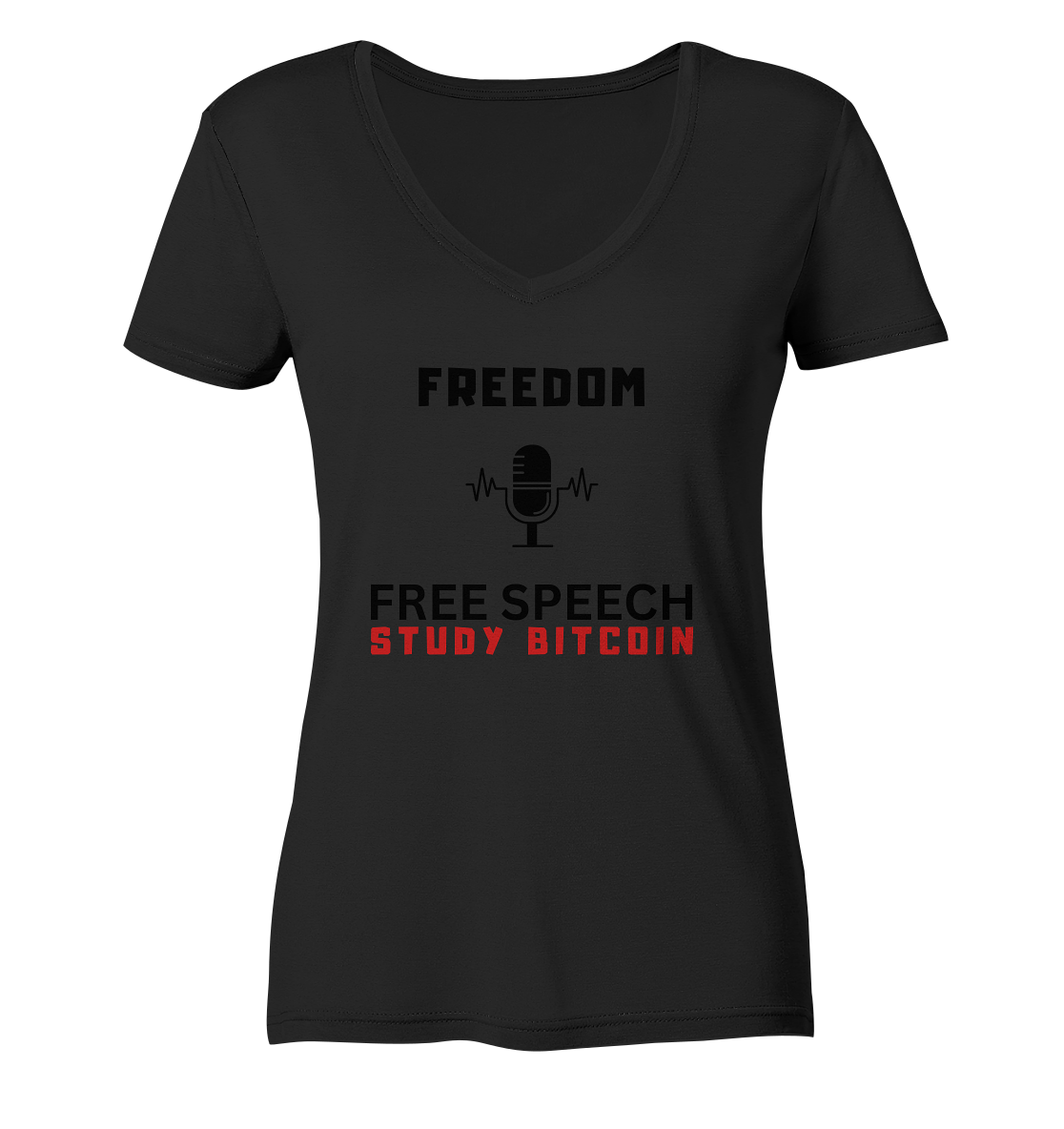 FREEDOM (Mikrofon) FREE SPEECH, STUDY BITCOIN - LADIES COLLECTION 21% automat. Rabatt bis zum Halving 2024 - Ladies V-Neck Shirt