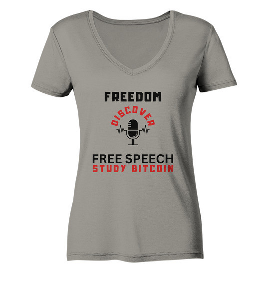 FREEDOM (Mikrofon) DISCOVER FREE SPEECH, STUDY BITCOIN - LADIES COLLECTION 21% automat. Rabatt bis zum Halving 2024  - Ladies V-Neck Shirt