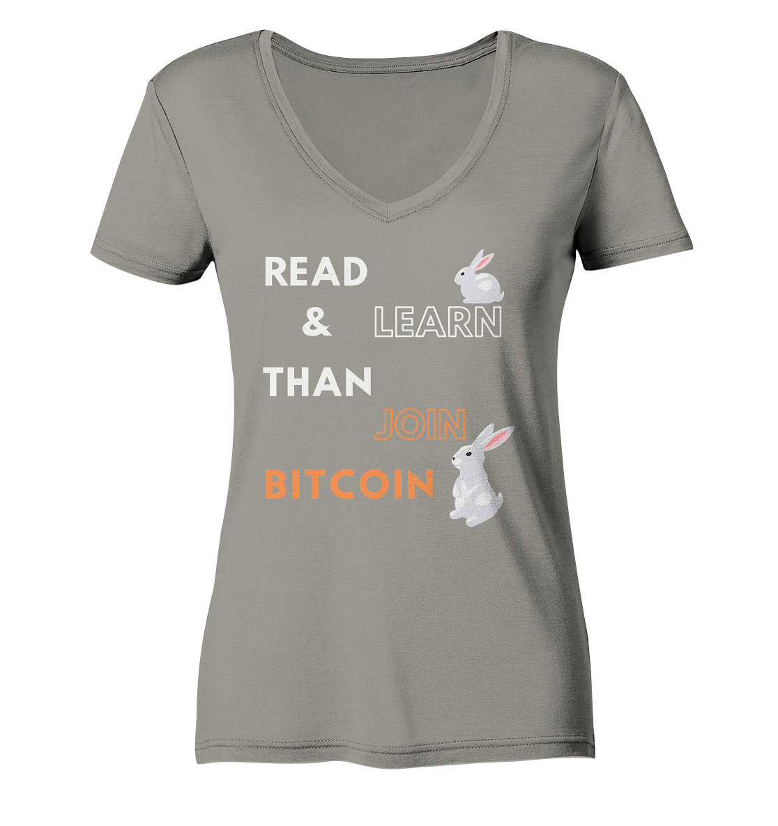 READ & LEARN THAN JOIN BITCOIN - white/orange Bunny Version - Ladies Collection - Ladies V-Neck Shirt