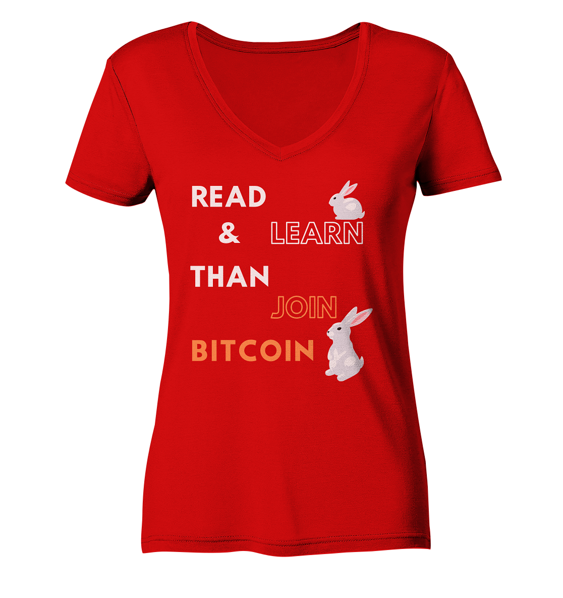 READ & LEARN THAN JOIN BITCOIN - white/orange Bunny Version - Ladies Collection - Ladies V-Neck Shirt