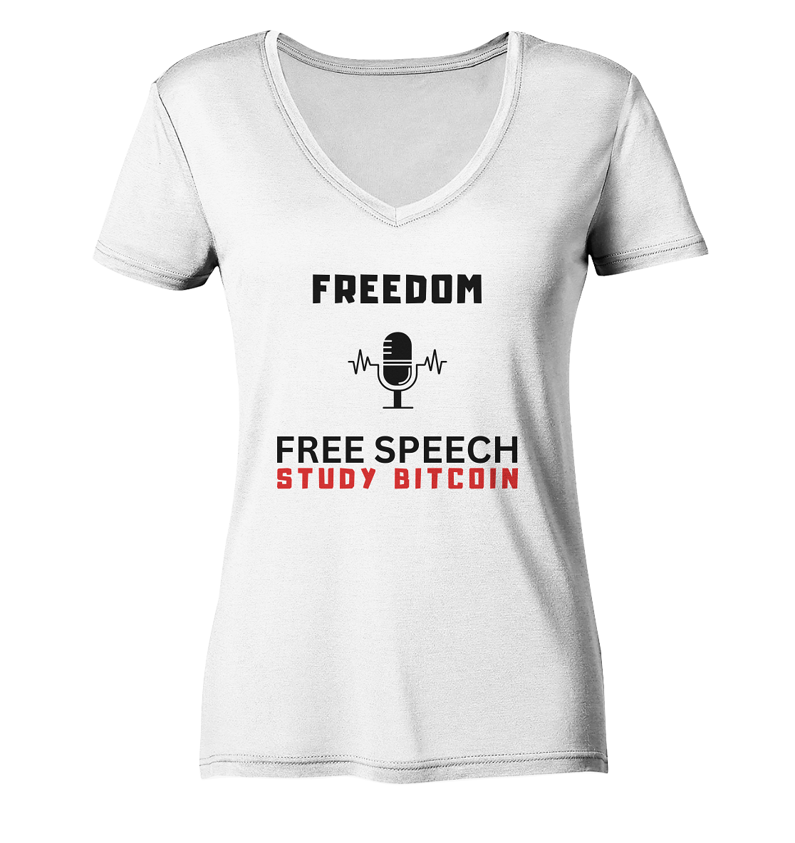 FREEDOM (Mikrofon) FREE SPEECH, STUDY BITCOIN - LADIES COLLECTION 21% automat. Rabatt bis zum Halving 2024 - Ladies V-Neck Shirt