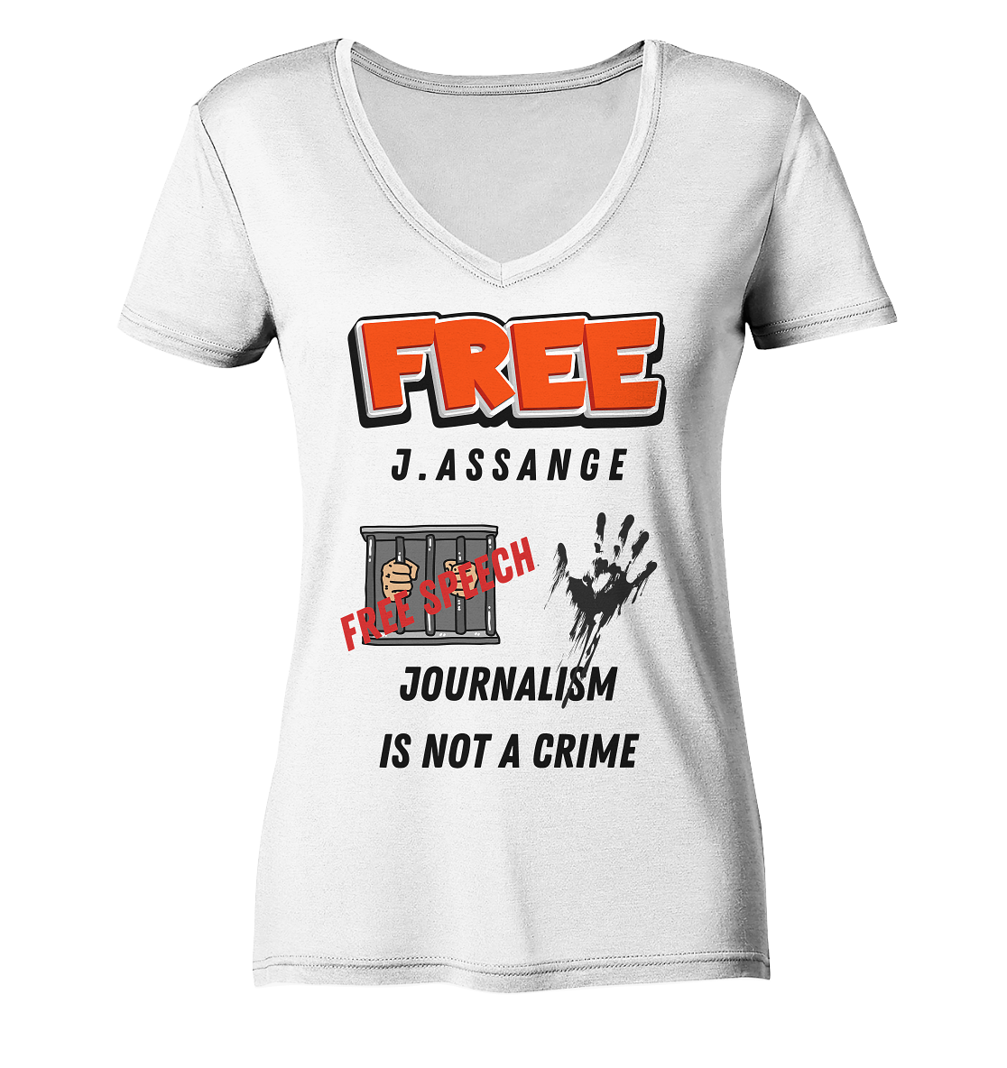 FREE J.ASSANGE - JOURNALISM IS NOT A CRIME # FREE SPEECH (2 GRAFIKEN) - Ladies Collection 21% Rabatt bis zum Halving 2024) - Ladies V-Neck Shirt