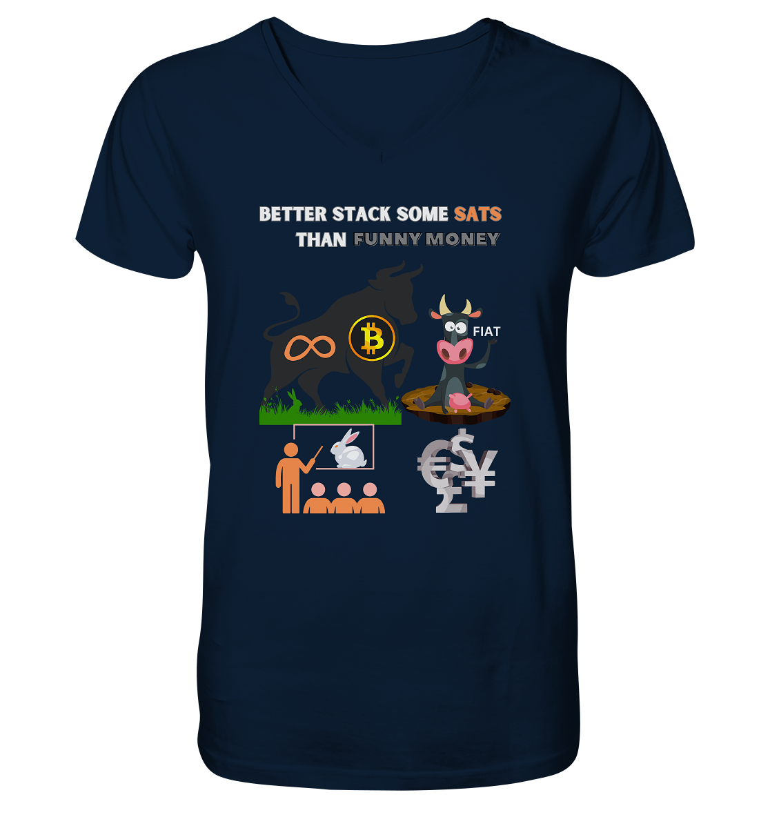 BETTER STACK SOME SATS THAN FUNNY MONEY - BTC BULLE, unendlich, Kaninchenbau-Schule,... - Mens Organic V-Neck Shirt