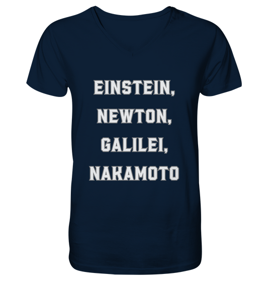 EINSTEIN, NEWTON, GALILEI, NAKAMOTO - Mens Organic V-Neck Shirt