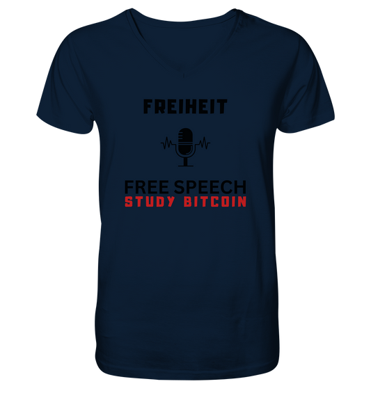 FREIHEIT (Mikrofon) FREE SPEECH, STUDY BITCOIN  - Mens Organic V-Neck Shirt