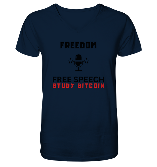 FREEDOM (Mikrofon) FREE SPEECH, STUDY BITCOIN  - Mens Organic V-Neck Shirt