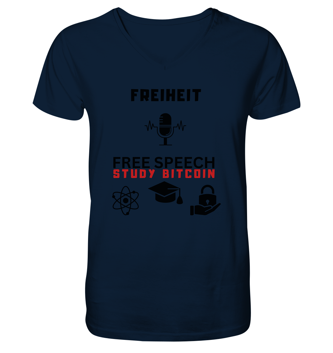 FREIHEIT (Mikrofon) FREE SPEECH, STUDY BITCOIN (+ 3 Grafiken) - Mens Organic V-Neck Shirt