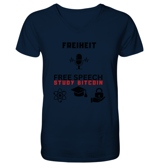 FREIHEIT (Mikrofon) FREE SPEECH, STUDY BITCOIN (+ 3 Grafiken) - Mens Organic V-Neck Shirt