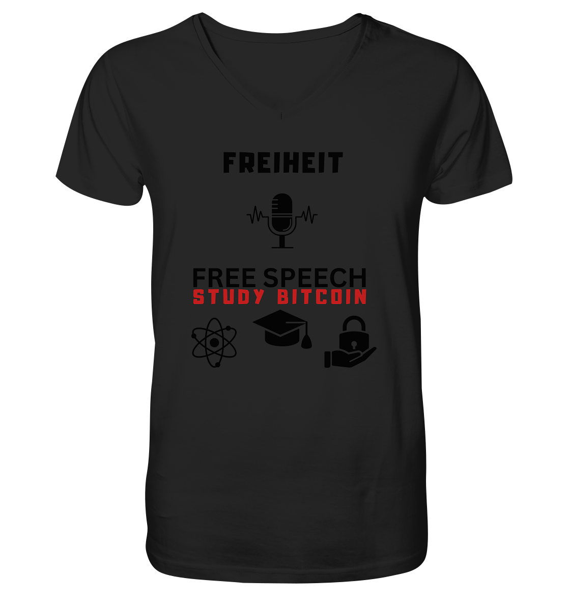 FREIHEIT (Mikrofon) FREE SPEECH, STUDY BITCOIN (+ 3 Grafiken) - Mens Organic V-Neck Shirt