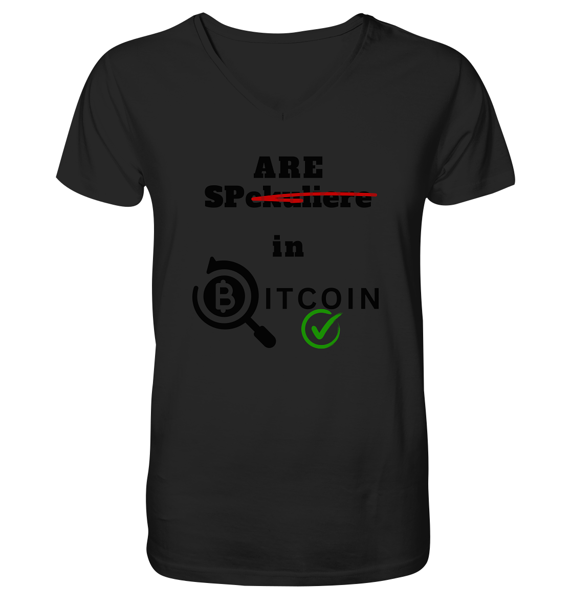 SPARE in BITCOIN (Version "nicht spekuliere", Lupe, grüner Haken)  - Mens Organic V-Neck Shirt